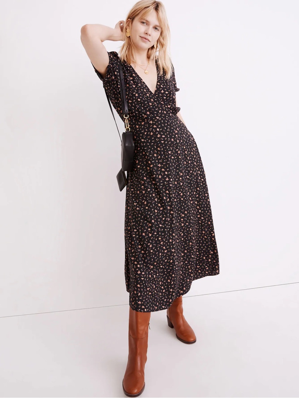 Madewell Puff-Sleeve Faux-Wrap Midi Dress in True Black Stem Scatter